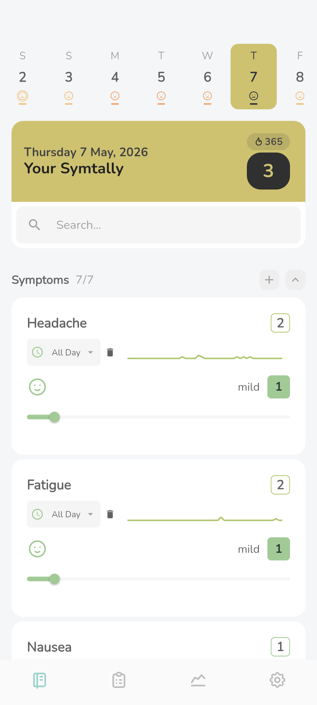 Symtally main screen showing symptom tracking interface